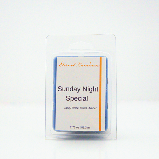 A 2.75 oz, 6 cube, sunday night special wax melt sitting against a white background made by Eternel Luminen.