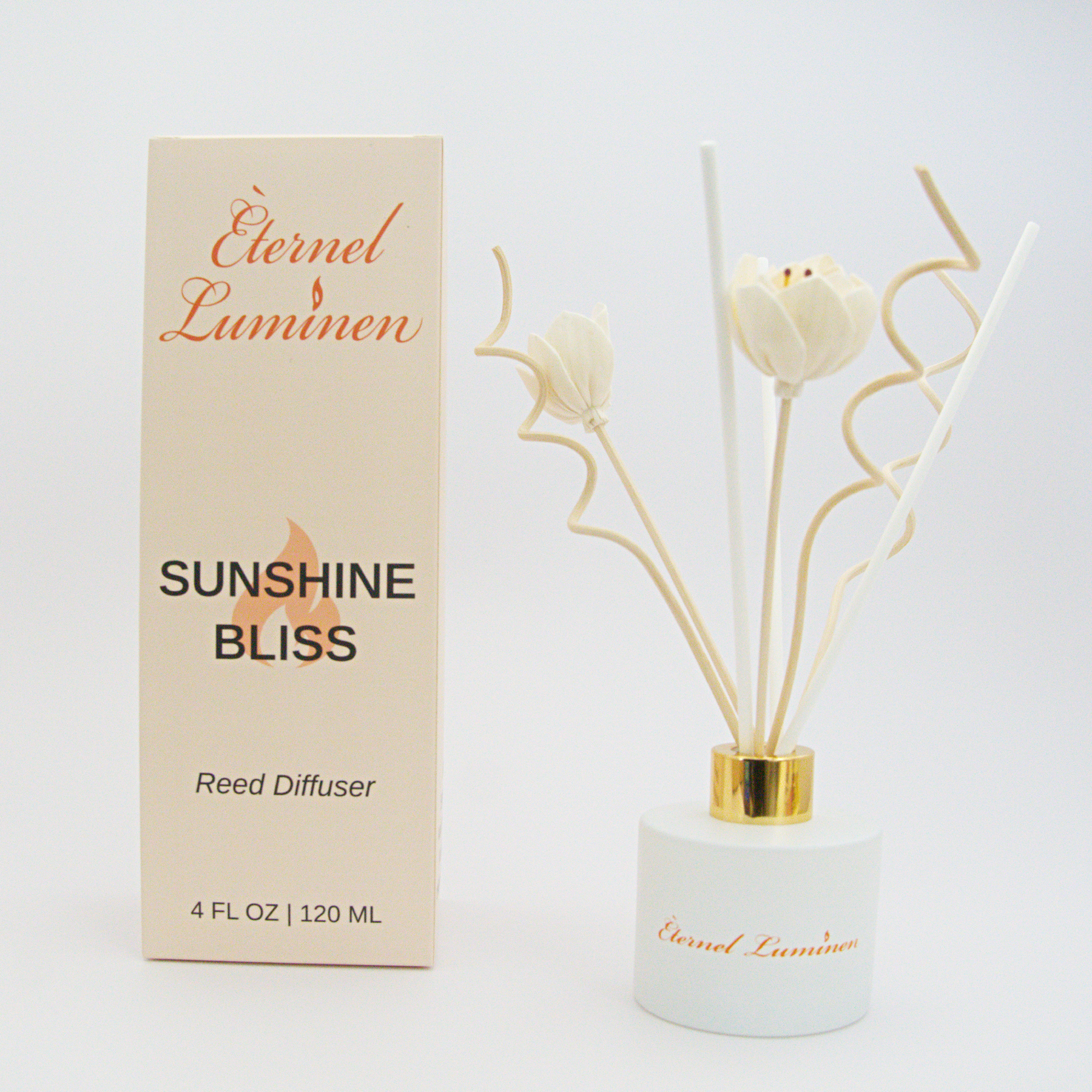 A 4oz Sunshine Bliss reed diffuser in a frosted white jar sitting against a white background