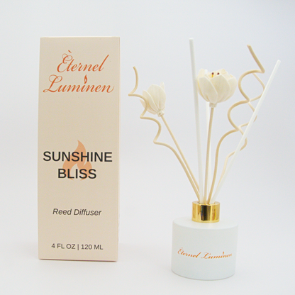 A 4oz Sunshine Bliss reed diffuser in a frosted white jar sitting against a white background