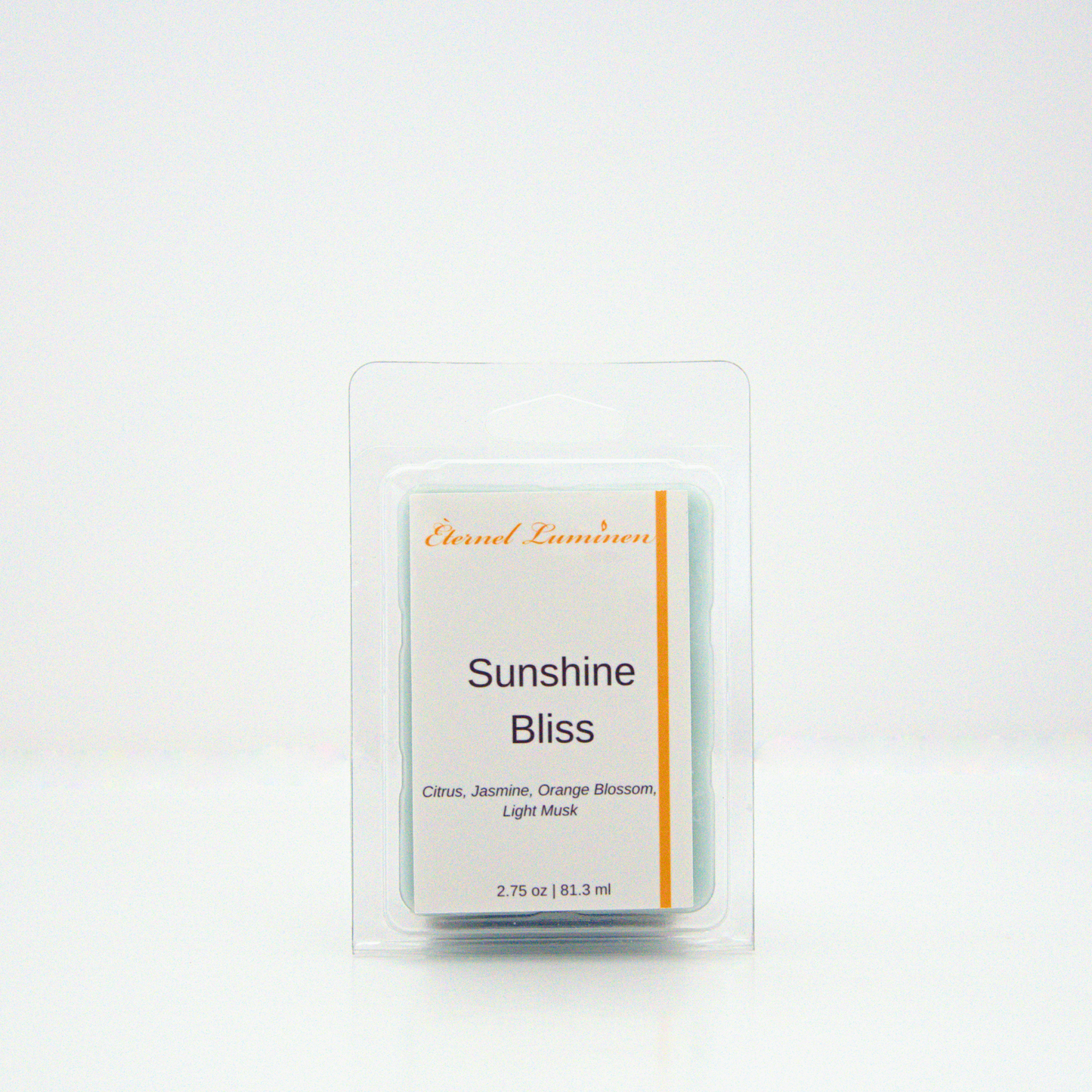 A 2.75 oz, 6 cube, Sunshine Bliss wax melt sitting against a white background made by Eternel Luminen.