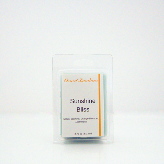 A 2.75 oz, 6 cube, Sunshine Bliss wax melt sitting against a white background made by Eternel Luminen.