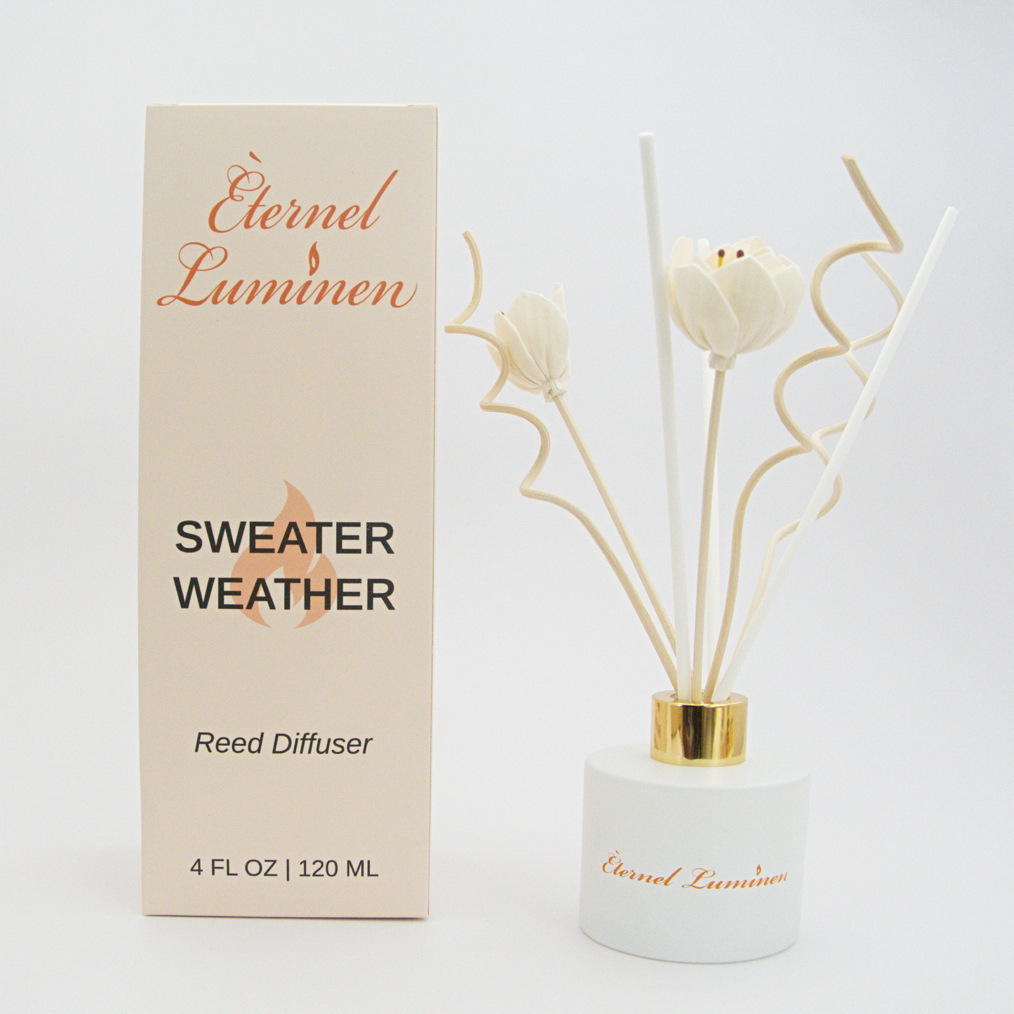 A 4oz Sweater Weather reed diffuser in a frosted white jar sitting against a white background