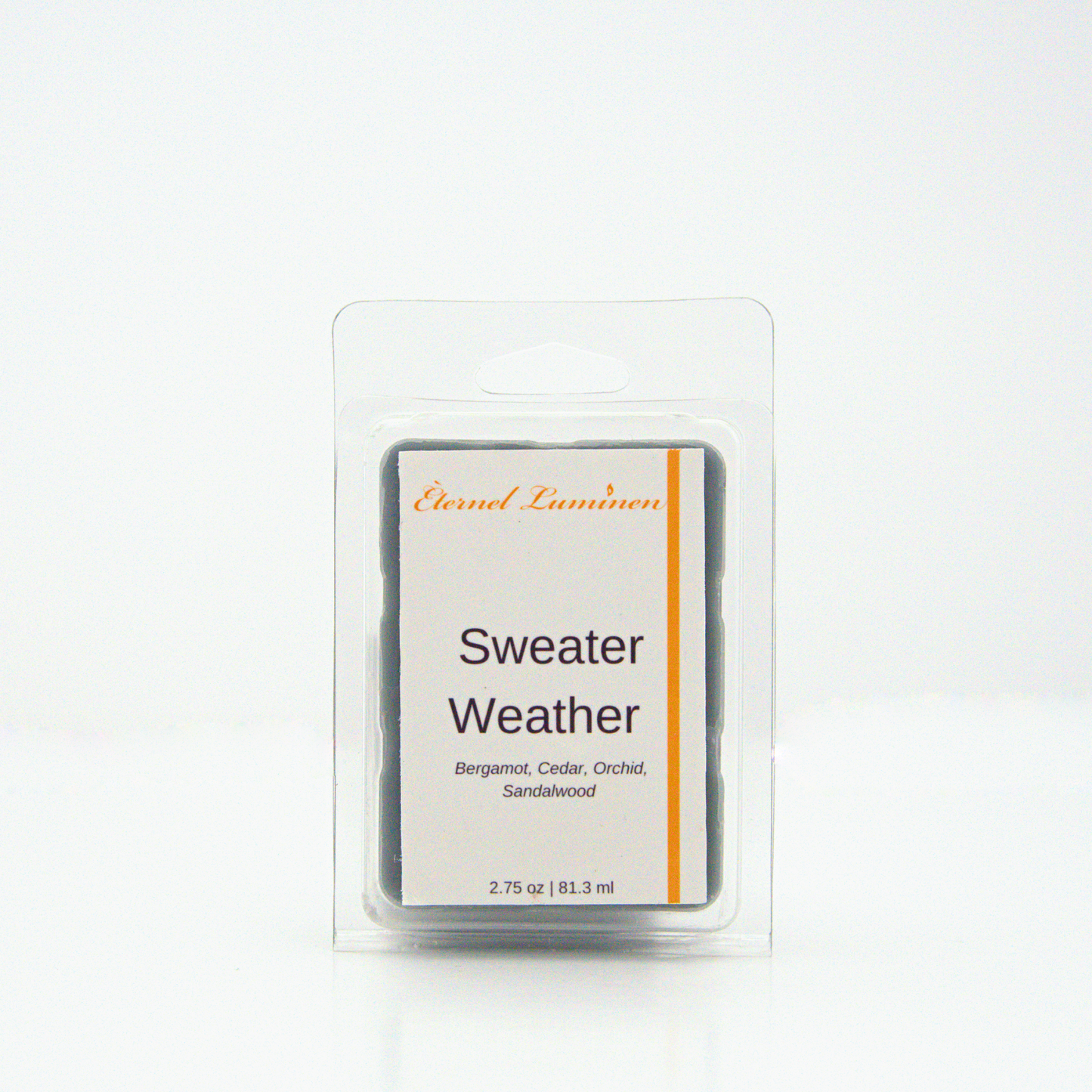 A 2.75 oz, 6 cube, sweater weather  wax melt sitting against a white background made by Eternel Luminen.