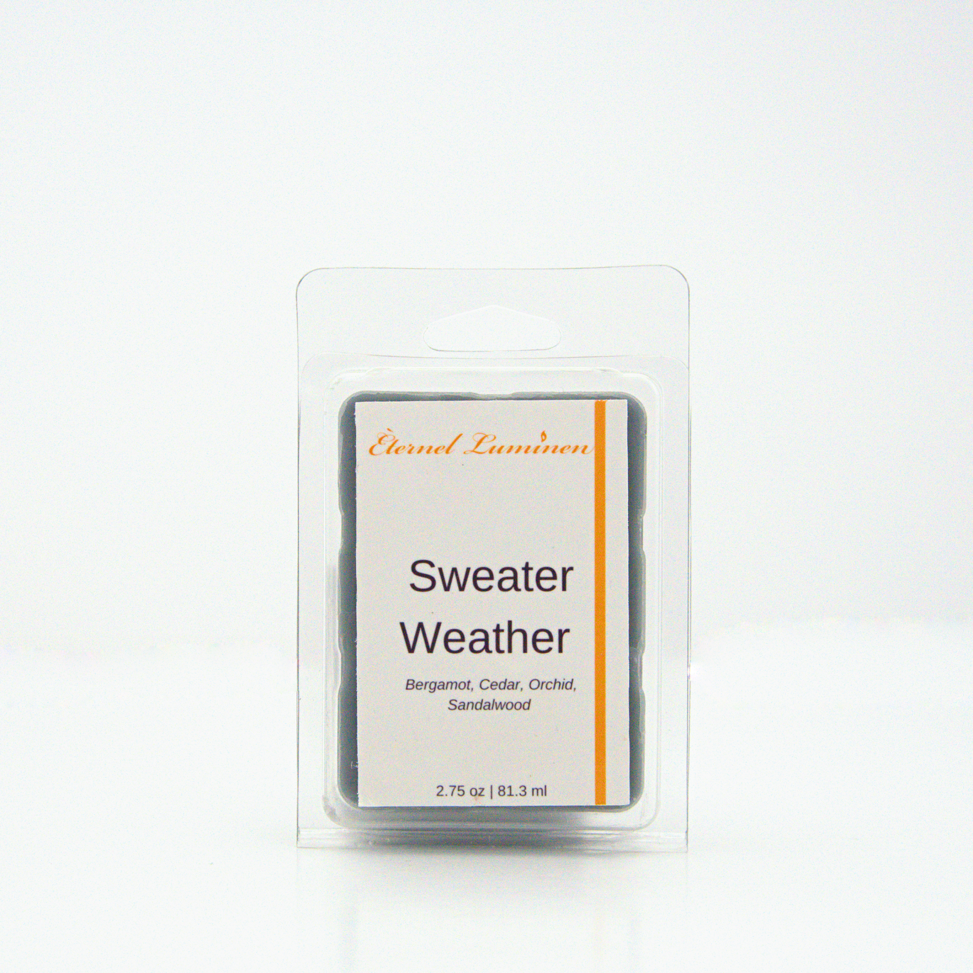 A 2.75 oz, 6 cube, sweater weather  wax melt sitting against a white background made by Eternel Luminen.