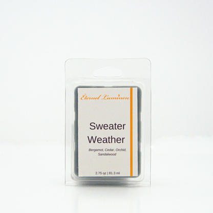 A 2.75 oz, 6 cube, sweater weather  wax melt sitting against a white background made by Eternel Luminen.