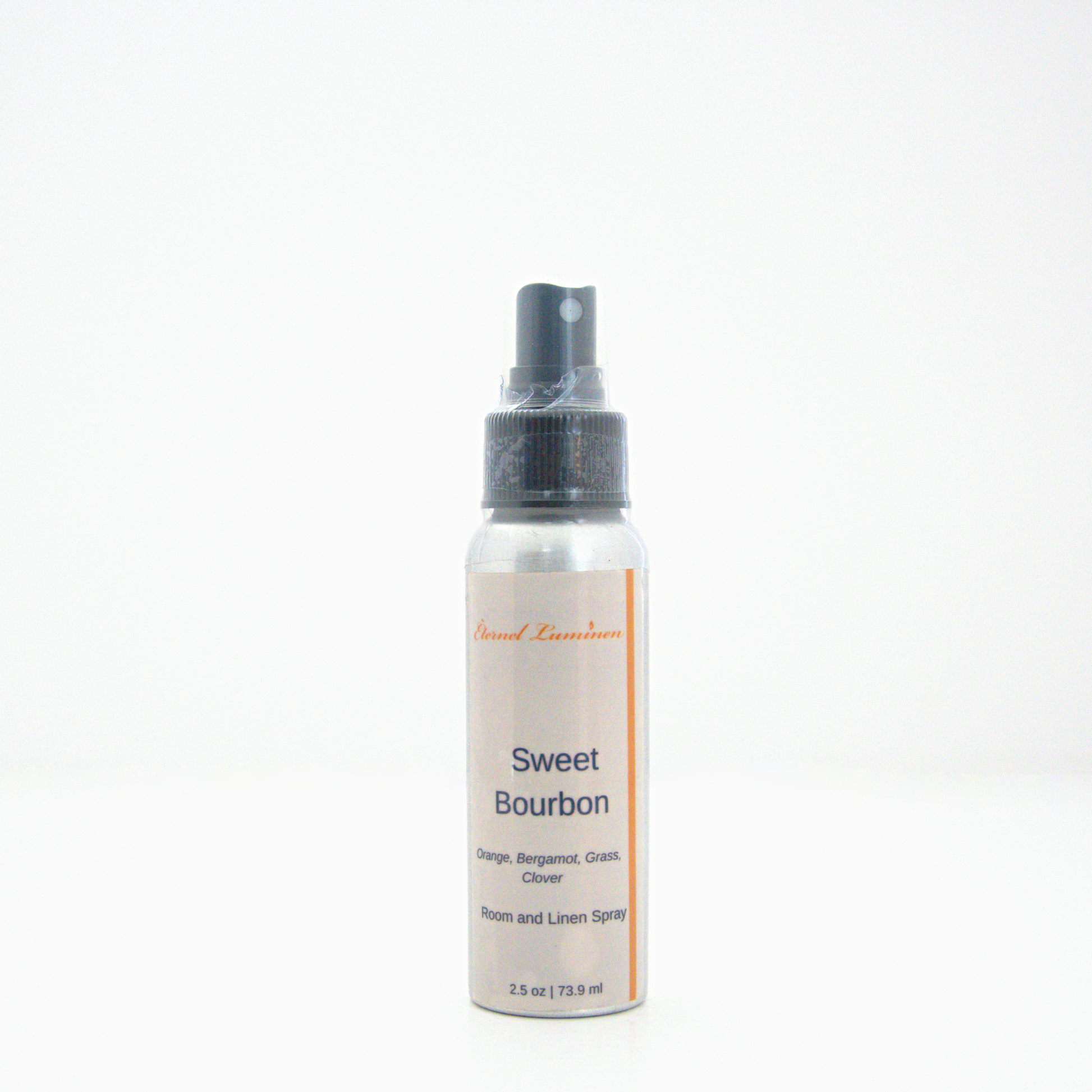 A 2.5oz Sweet Bourbon room & linen spray sitting against a white background made by Eternel Luminen.