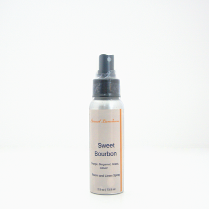 A 2.5oz Sweet Bourbon room & linen spray sitting against a white background made by Eternel Luminen.