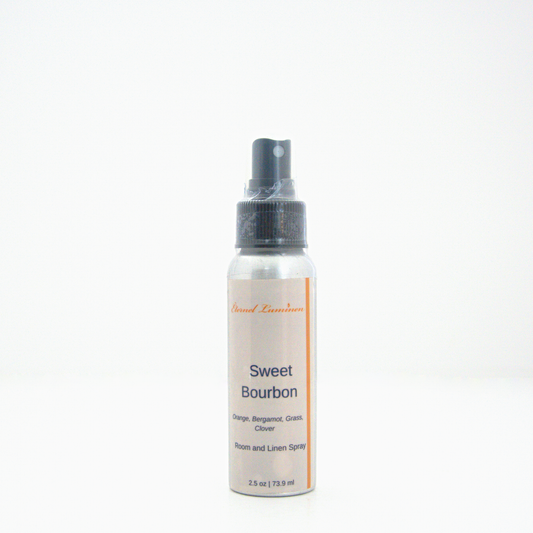 A 2.5oz Sweet Bourbon room & linen spray sitting against a white background made by Eternel Luminen.