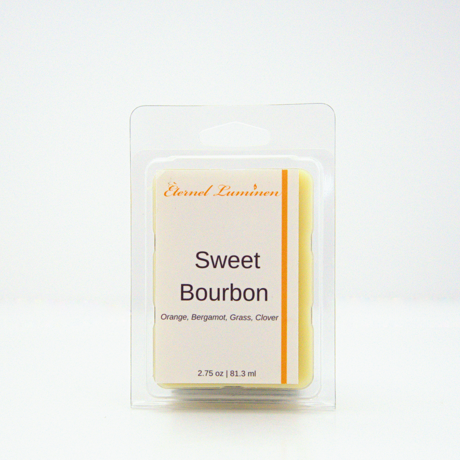 A 2.75 oz, 6 cube, sweet bourbon wax melt sitting against a white background made by Eternel Luminen.