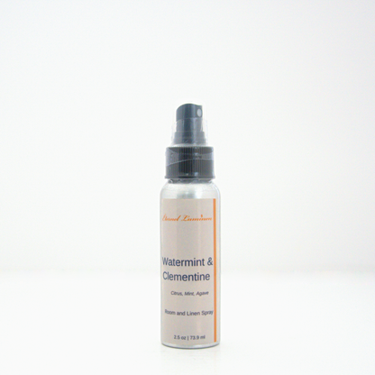 A 2.5oz Watermint & Clementine room & linen spray sitting against a white background made by Eternel Luminen.