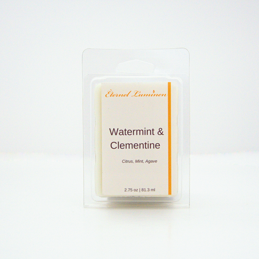 A 2.75 oz, 6 cube, Watermint & Clementine wax melt sitting against a white background made by Eternel Luminen.