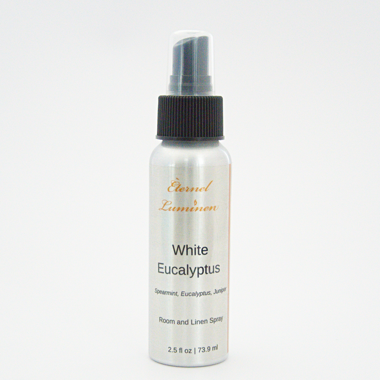 A 2.5oz White Eucalyptus room & linen spray sitting against a white background made by Eternel Luminen. 