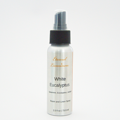 A 2.5oz White Eucalyptus room & linen spray sitting against a white background made by Eternel Luminen. 