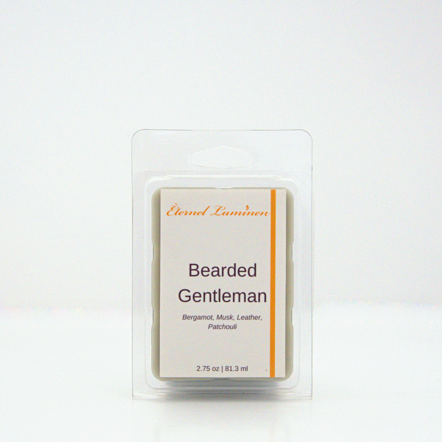 A 2.75 oz, 6 cube, Bearded Gentleman wax melt sitting against a white background made by Eternel Luminen.