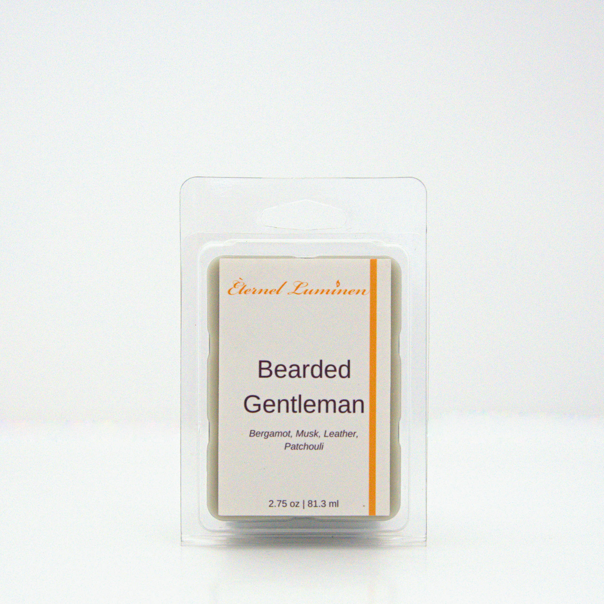 A 2.75 oz, 6 cube, Bearded Gentleman wax melt sitting against a white background made by Eternel Luminen.