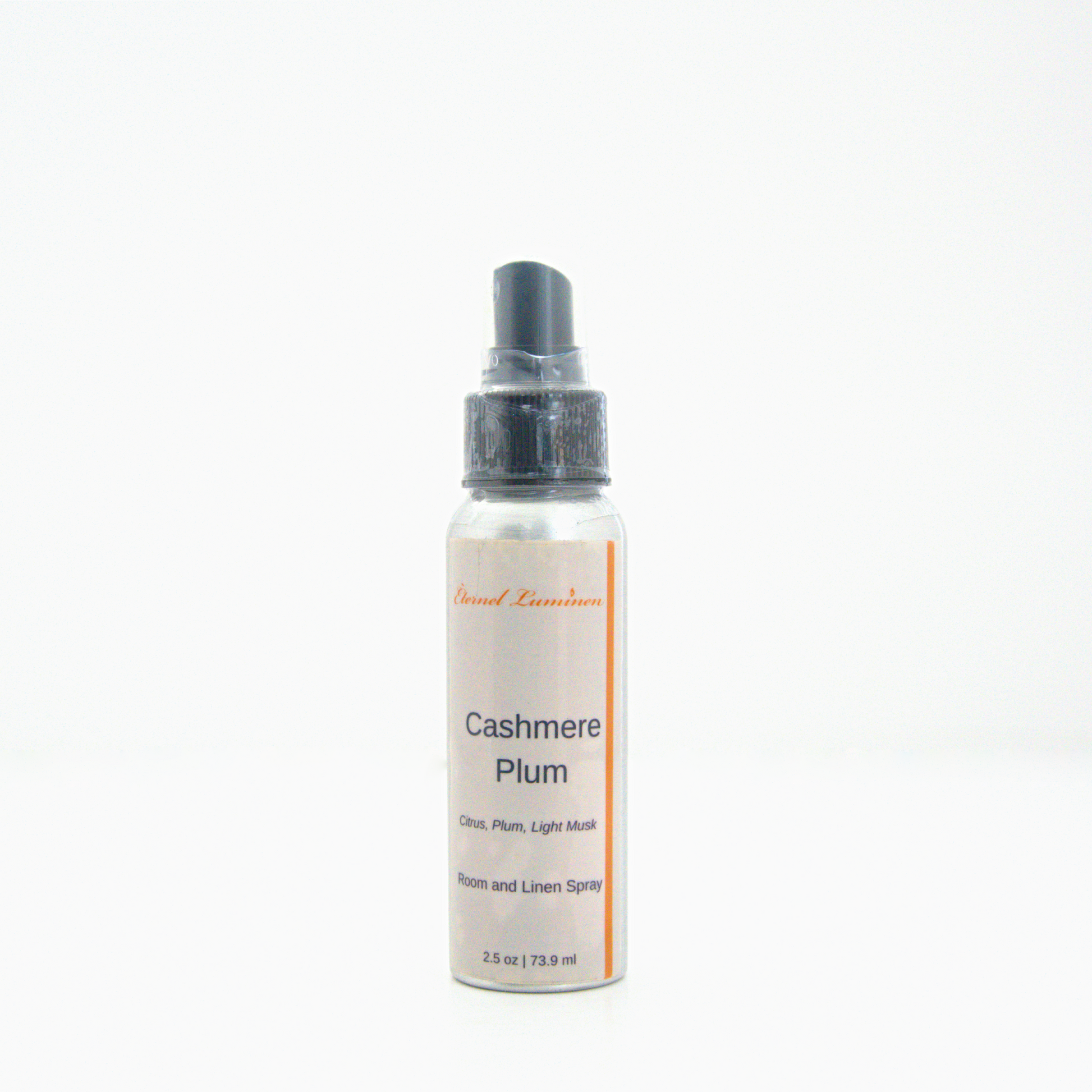 A 2.5oz Cashmere Plum room & linen spray sitting against a white background made by Eternel Luminen.