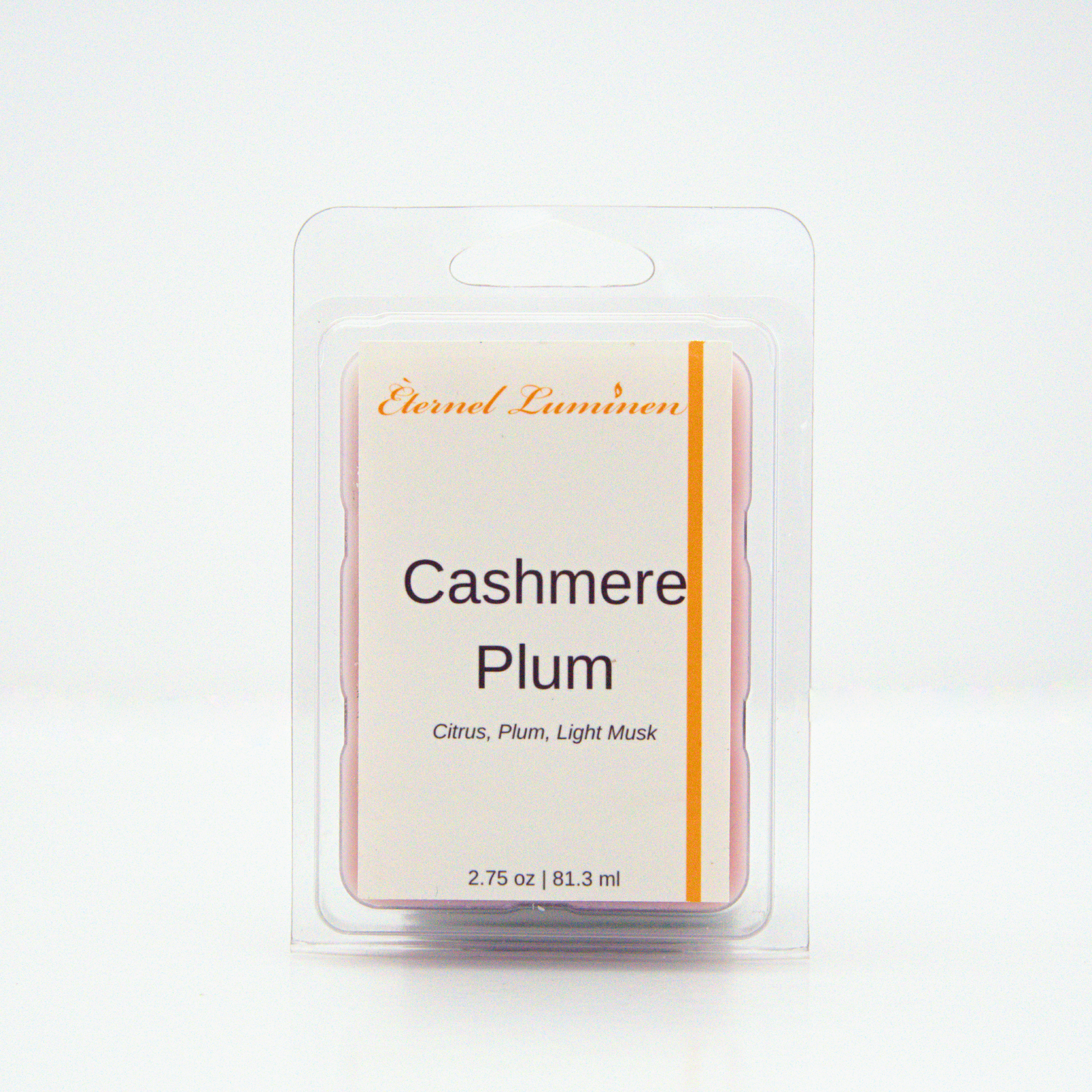 A 2.75 oz, 6 cube, Cashmere Plum wax melt sitting against a white background made by Eternel Luminen.