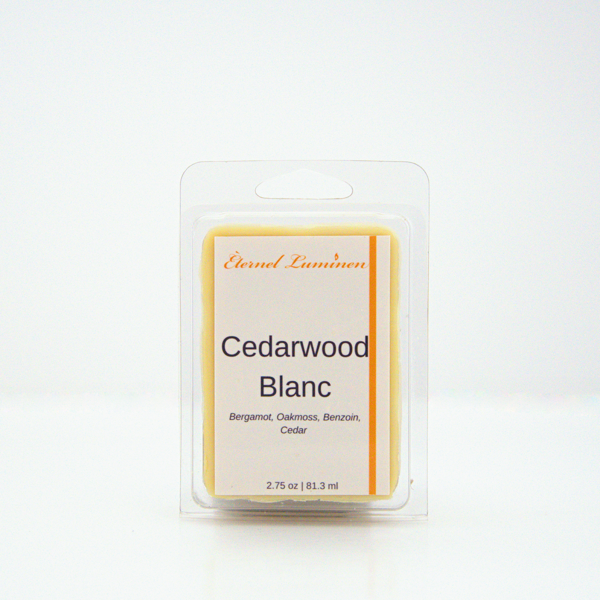 A 2.75 oz, 6 cube, cedarwood blanc wax melt sitting against a white background made by Eternel Luminen.