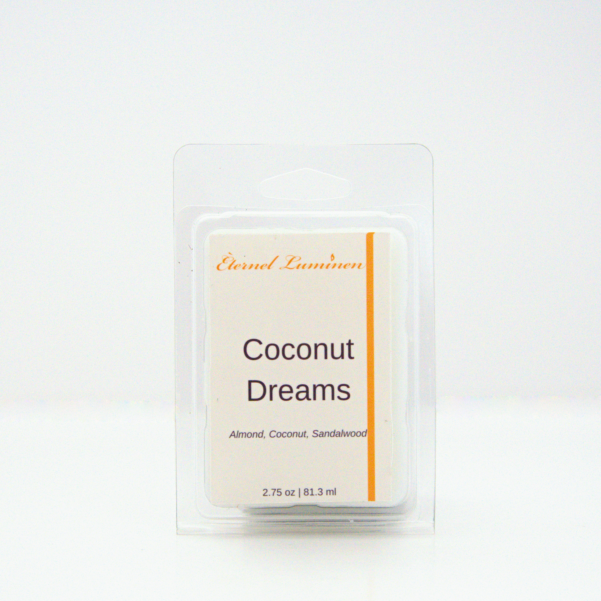 A 2.75 oz, 6 cube, Coconut Dreams wax melt sitting against a white background made by Eternel Luminen.