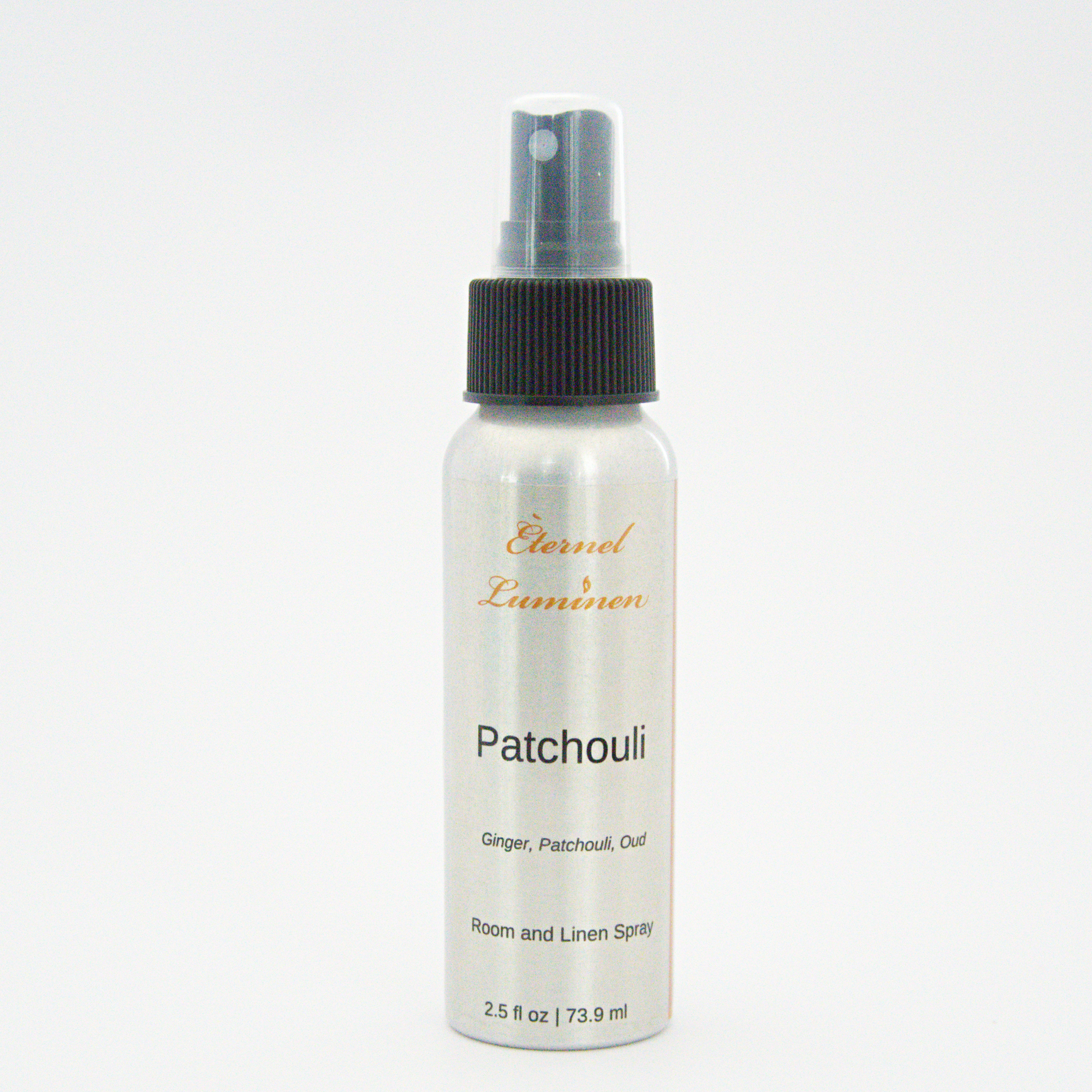 A 2.5oz Patchouli room & linen spray sitting against a white background made by Eternel Luminen. 