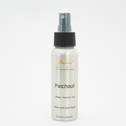 A 2.5oz Patchouli room & linen spray sitting against a white background made by Eternel Luminen. 