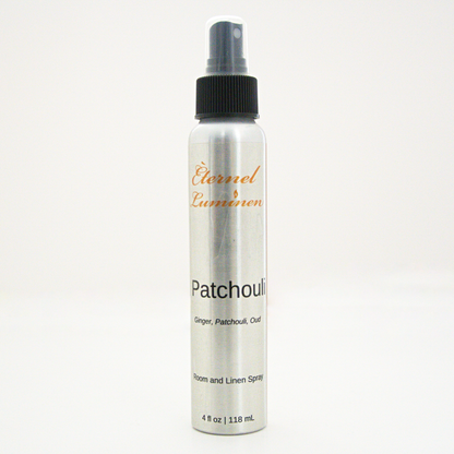 A 4oz Patchouli room & linen spray sitting against a white background made by Eternel Luminen. 