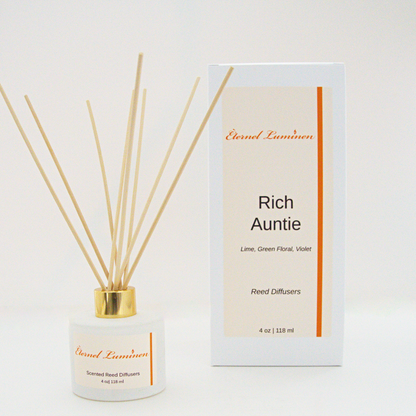 A 4oz Rich Auntie reed diffuser in a frosted white jar sitting against a white background made by Eternel Luminen