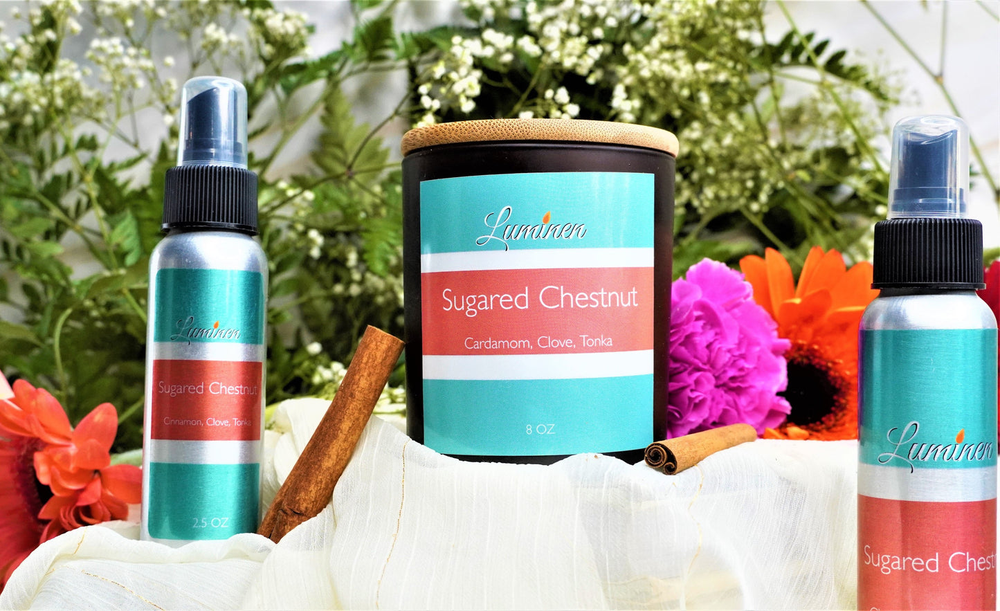 The sugared chestnut trio Candle, room spray, and wax melt. 